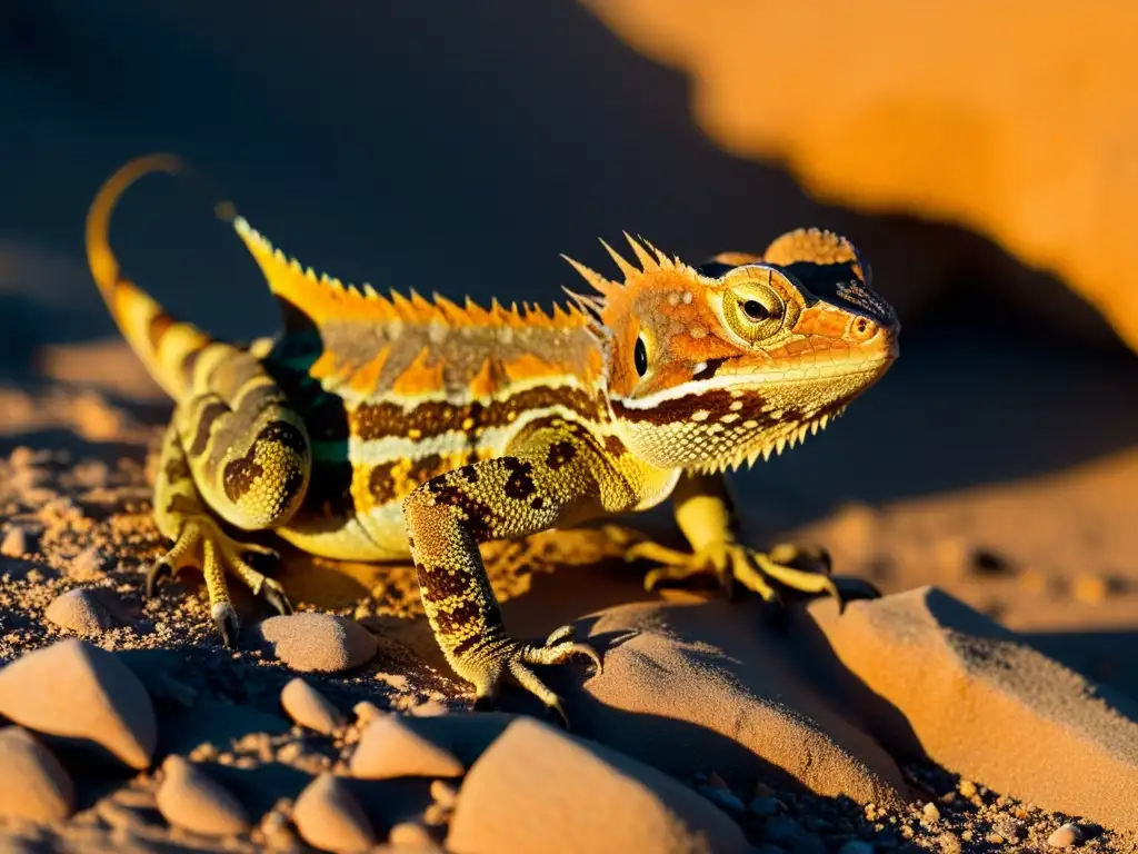 Un lagarto cornudo en su hábitat desértico, con escamas texturizadas y ojos que reflejan el entorno implacable