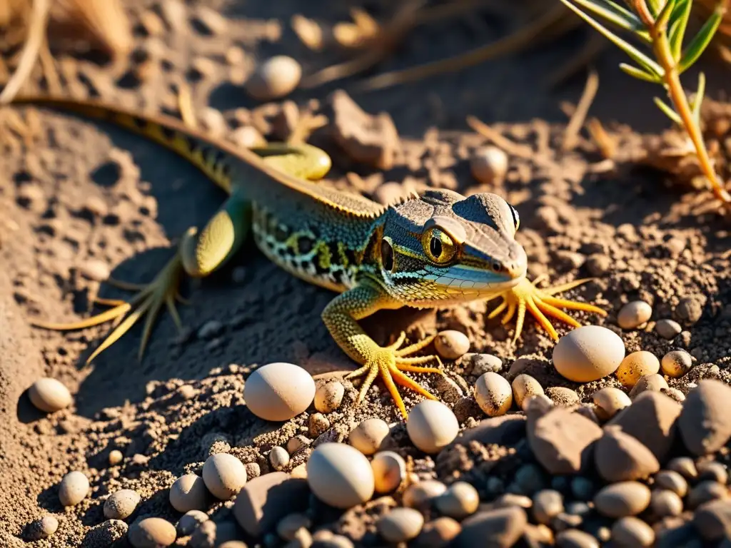 Un lagarto cuidadoso anida huevos en tierra seca y agrietada, bajo una cálida luz dorada