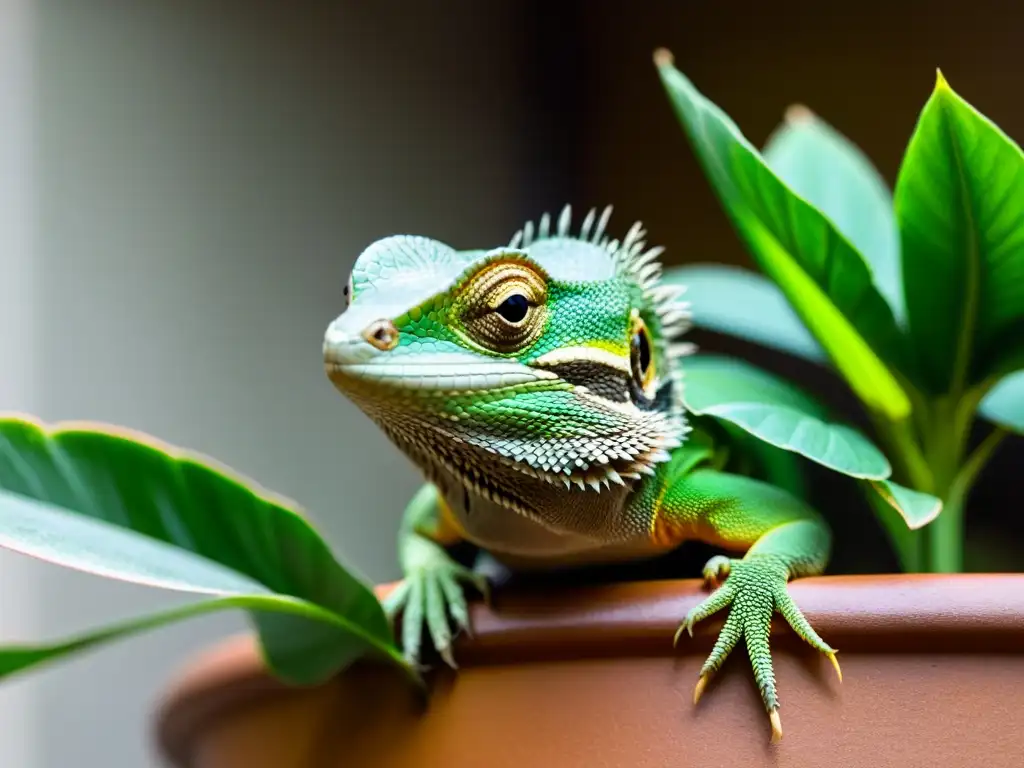 Un lagarto curioso asoma desde detrás de una planta en una sala acogedora