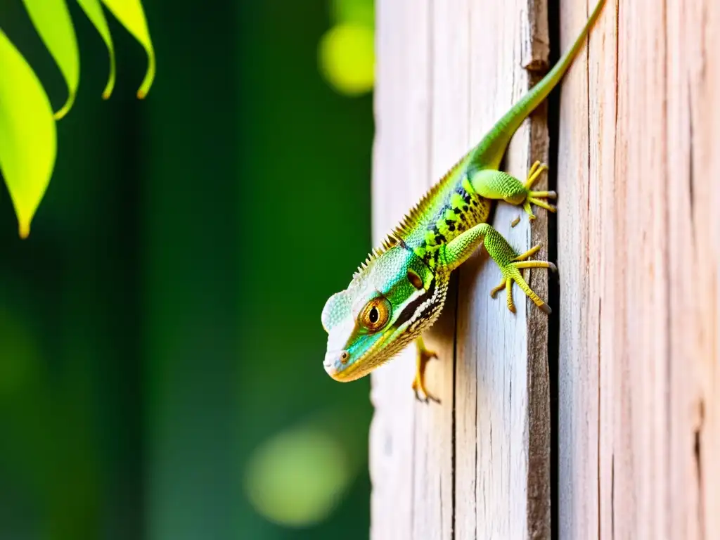 Un lagarto curioso asoma entre la puerta de madera agrietada en un entorno selvático, con escamas verdes y doradas