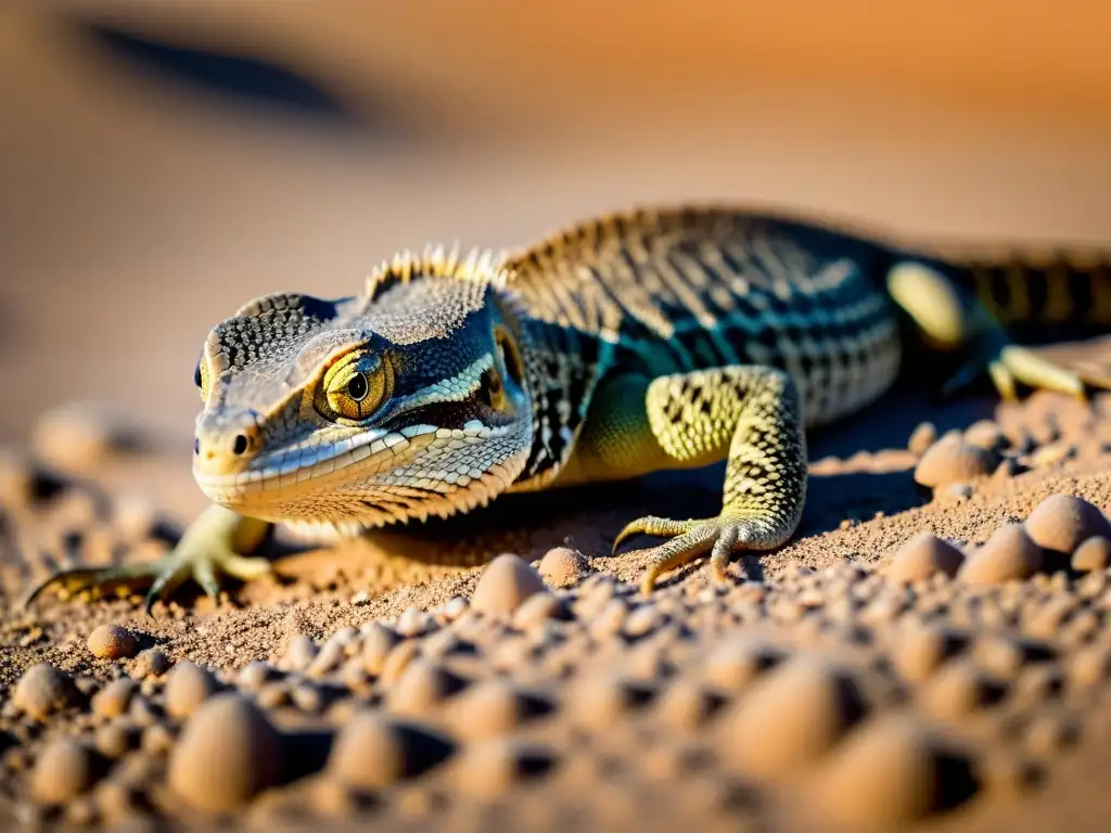 Un lagarto del desierto se camufla entre la arena, con sus escamas detalladas y ojos cautelosos reflejando la luz solar