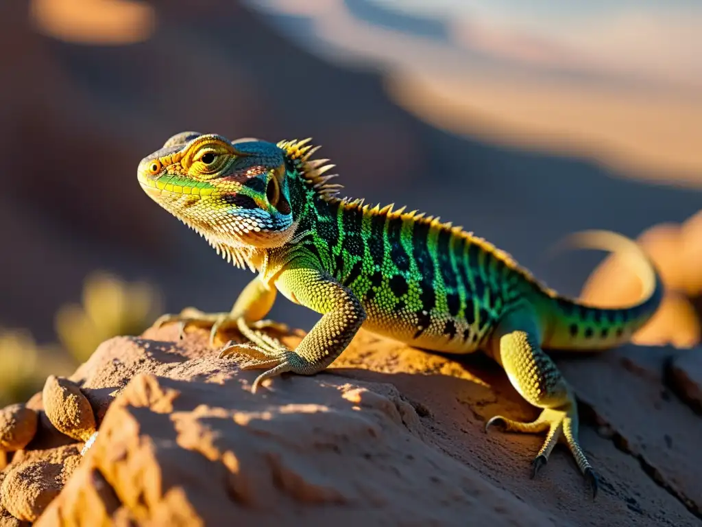 Un lagarto en el desierto, con escamas texturizadas y el sol iluminando su ojo