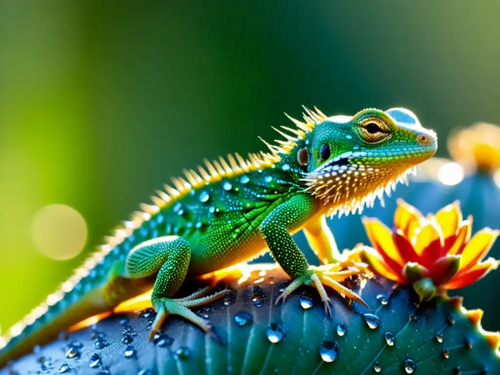 Un lagarto en el desierto lamiendo delicadamente gotas de agua de un cactus, mostrando estrategias de hidratación en reptiles