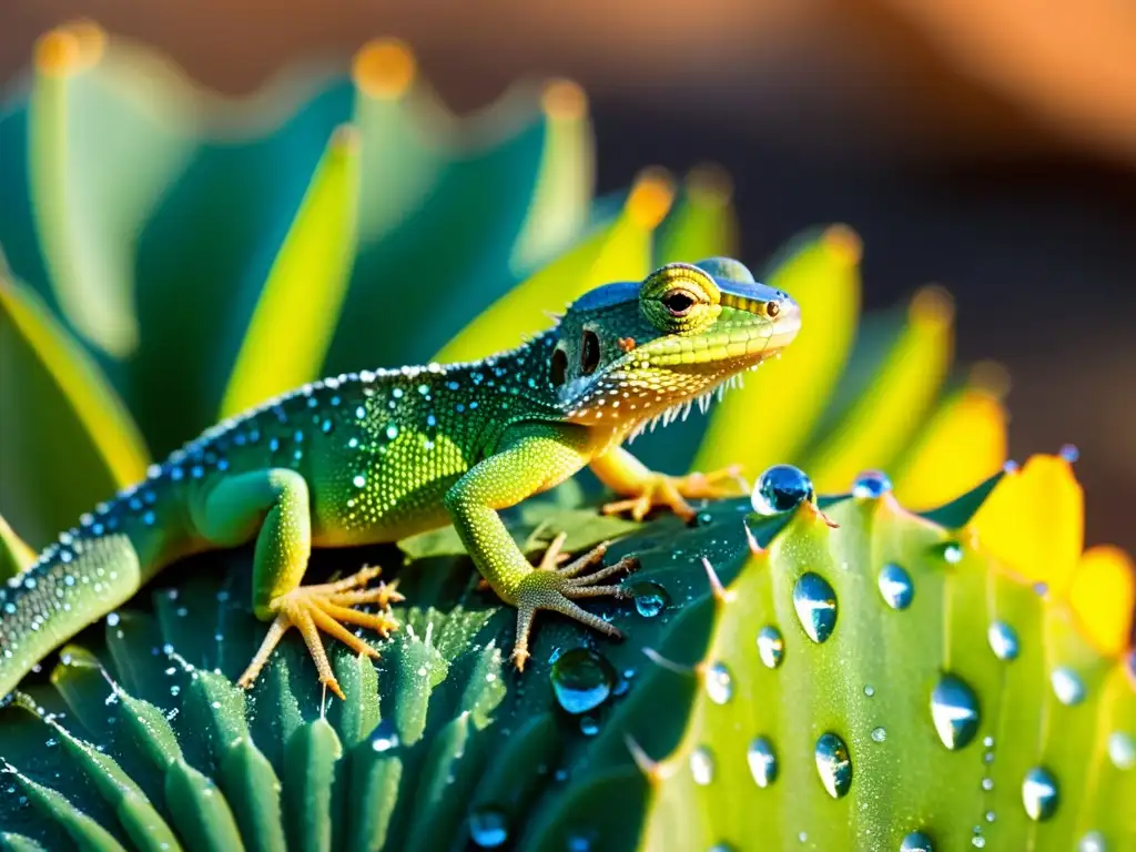 Un lagarto en el desierto lamiendo gotas de agua de un cactus, destacando estrategias de hidratación en reptiles y anfibios