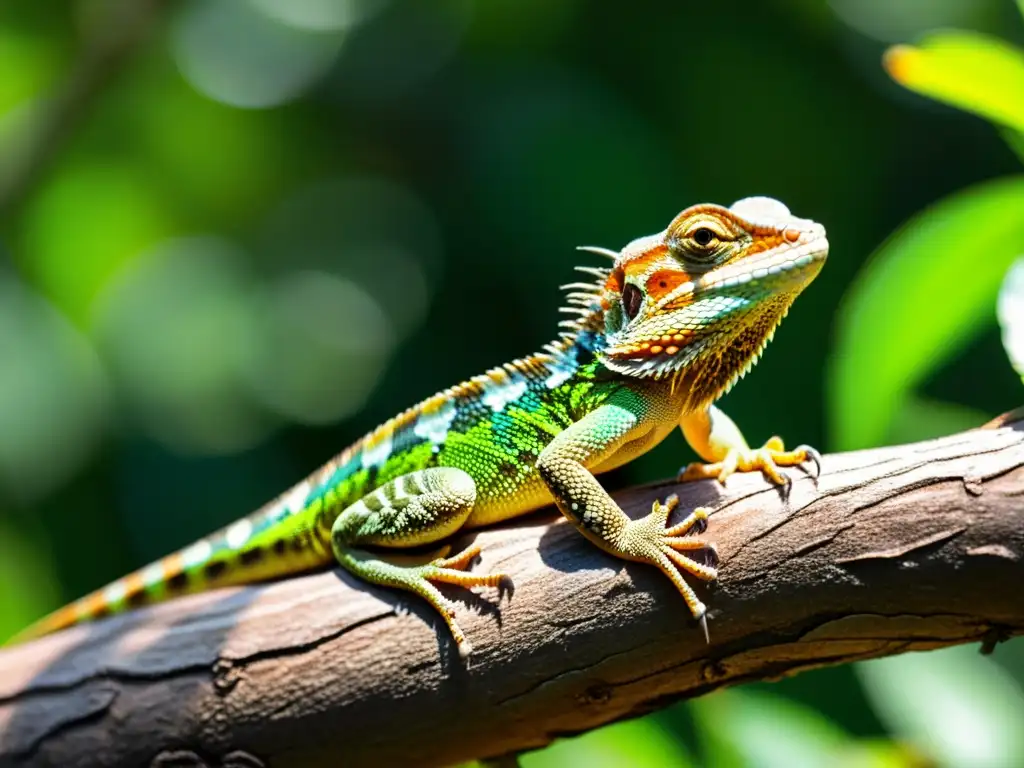 Un lagarto detallado se posa en una rama, con escamas intrincadas y colores vibrantes