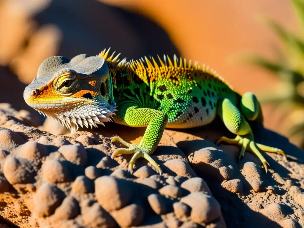 Un lagarto detallado se aferra a una roca soleada en un ambiente árido