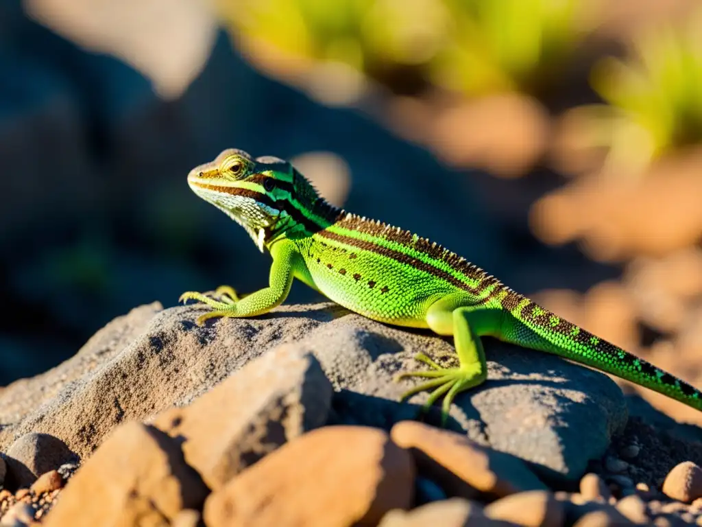 Un lagarto endémico de Galápagos descansa sobre rocas, sus escamas brillan al sol