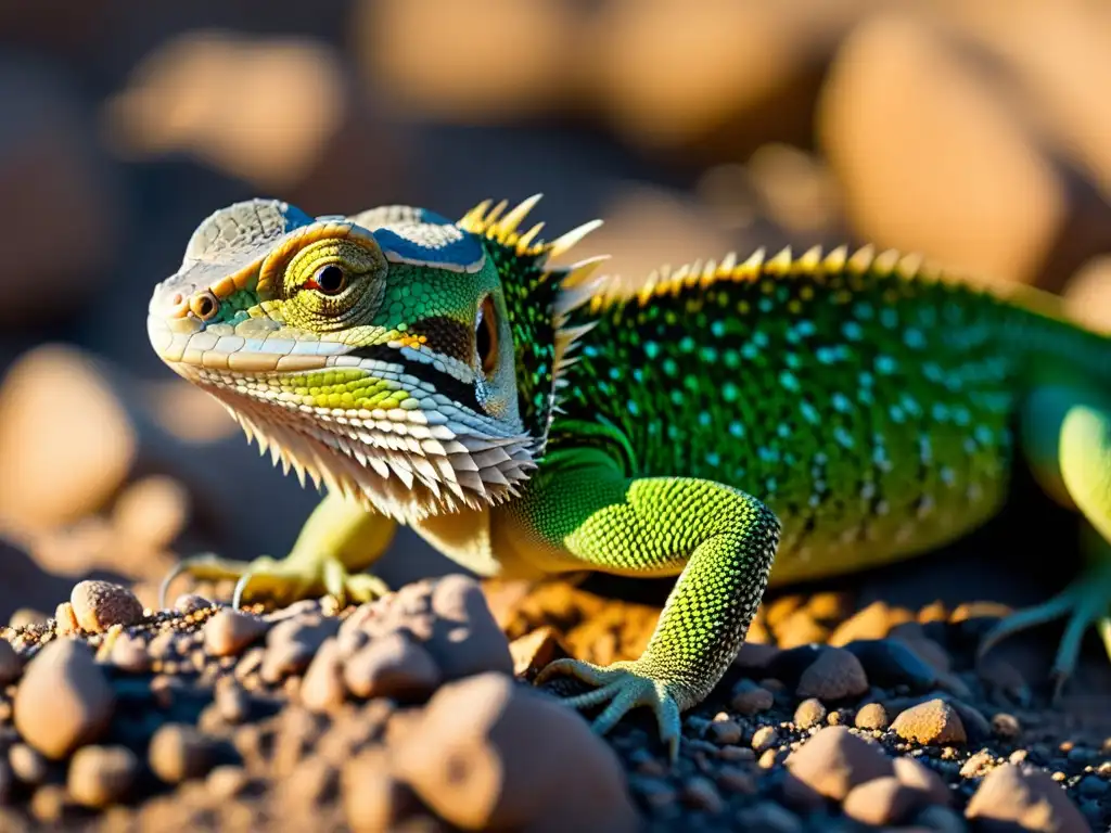 Un lagarto se camufla en un entorno desértico, mostrando adaptaciones extremas de lagartos para sobrevivir en condiciones extremas