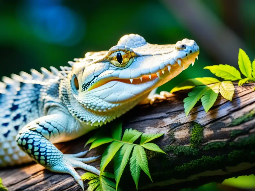 Un lagarto exótico, especie rara, descansa en un tronco cubierto de musgo en la exuberante selva tropical, sus escamas iridiscentes brillan al sol