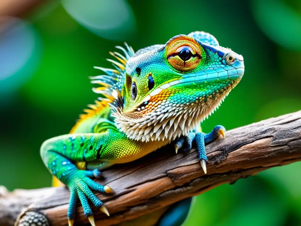 Un lagarto exótico en primer plano, con escamas vibrantes y colores vivos, se destaca en su hábitat natural