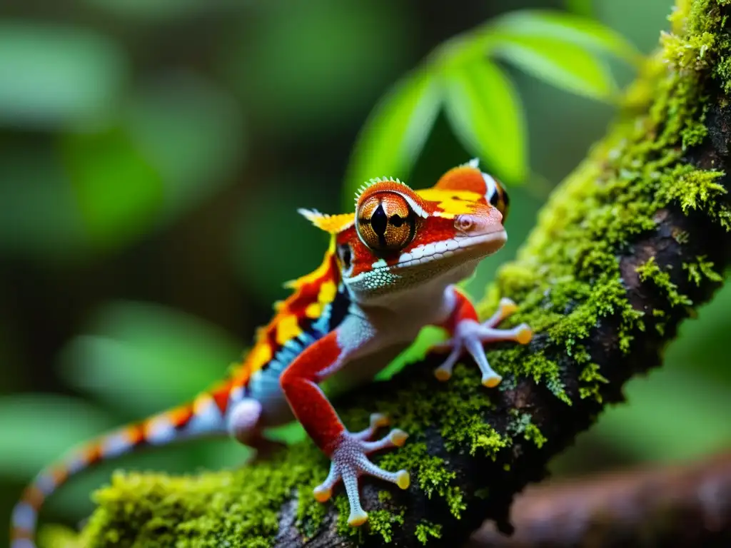 Un lagarto exótico Uroplatus phantasticus en la selva de Madagascar, con patrón de hojas, ojos dorados y atmósfera mística