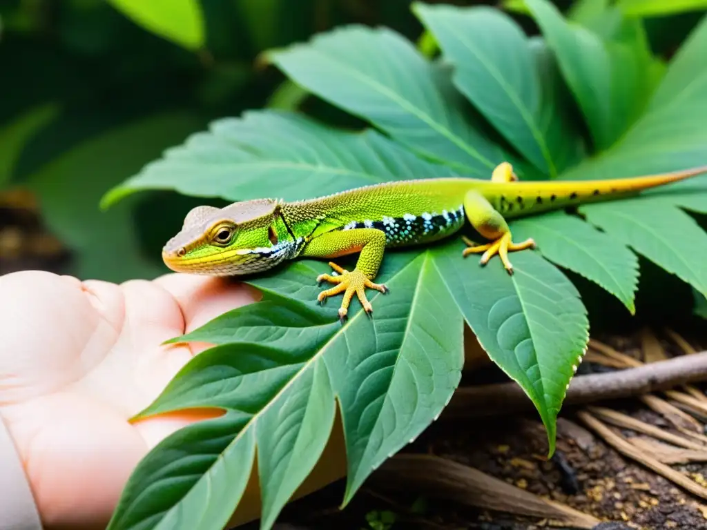 Un lagarto herido descansa sobre hojas verdes con un arroyo al fondo