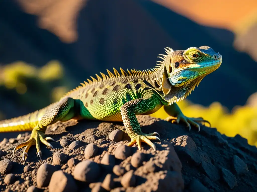 Un lagarto gigante de El Hierro se desplaza por un paisaje volcánico, mostrando sus intrincadas escamas y coloración terrosa