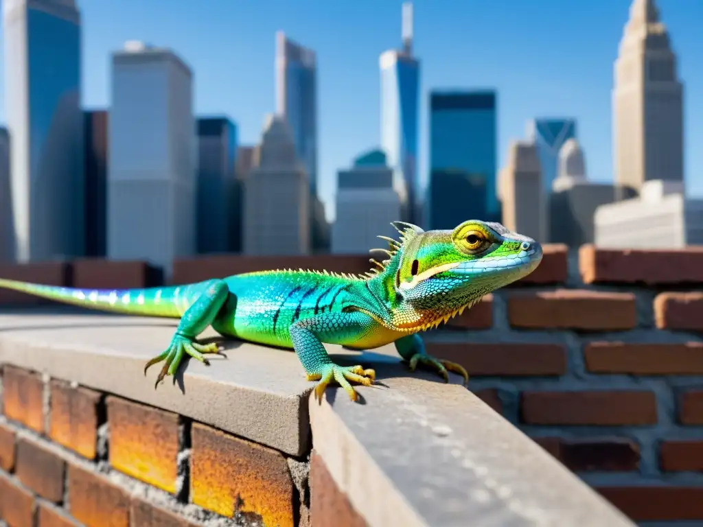 Un lagarto iridiscente se adapta a la vida urbana, mostrando su belleza entre los edificios y la naturaleza