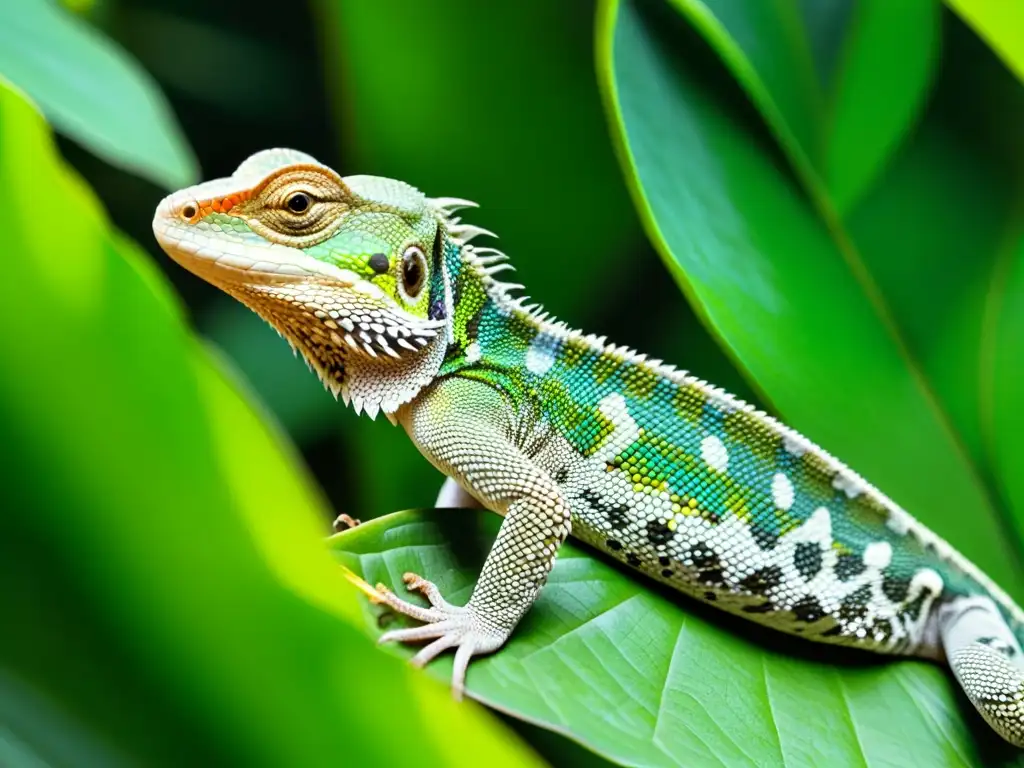 Un lagarto nativo camuflado entre el follaje verde de la selva tropical