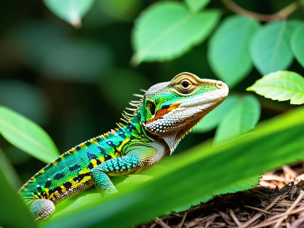 Un lagarto nativo se desliza entre la densa maleza, sus escamas brillan con patrones y colores mientras la luz del sol se filtra