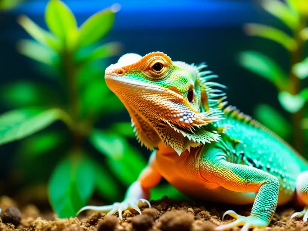 Un lagarto principiante disfruta de cuidados esenciales en su terrario con luz UV y elementos naturales