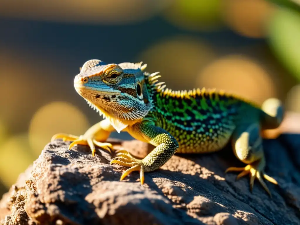 Un lagarto descansando en una roca al sol, con sus escamas y textura visibles