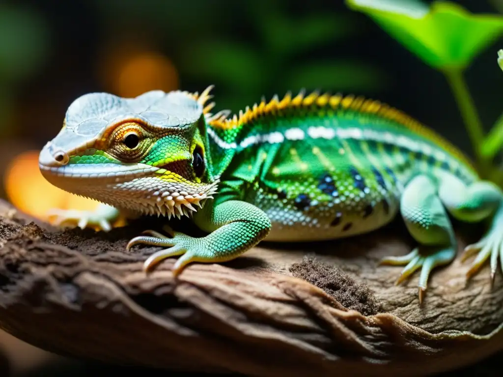 Un lagarto saludable descansando en un terrario acogedor, con detalles de sus escamas y ojos visibles