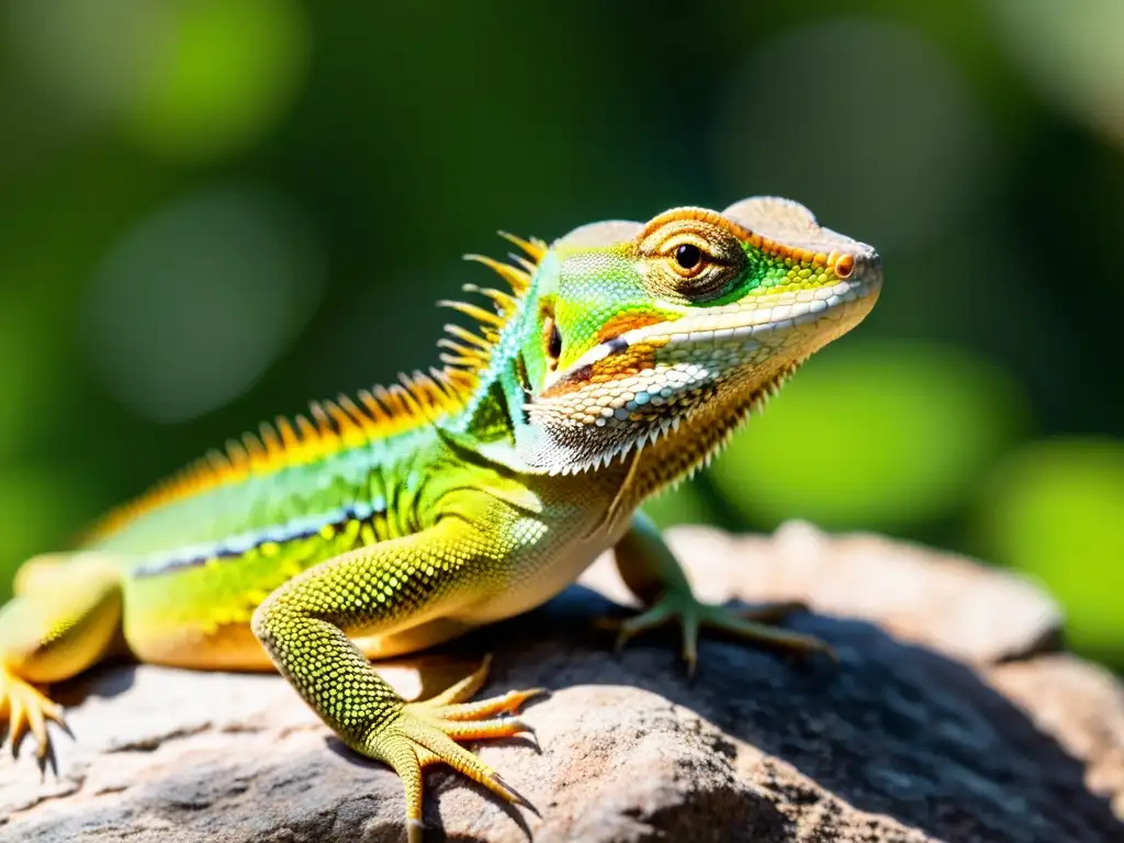 Un lagarto sano tomando sol en su hábitat natural, con escamas brillantes y detalles de su piel y ojos