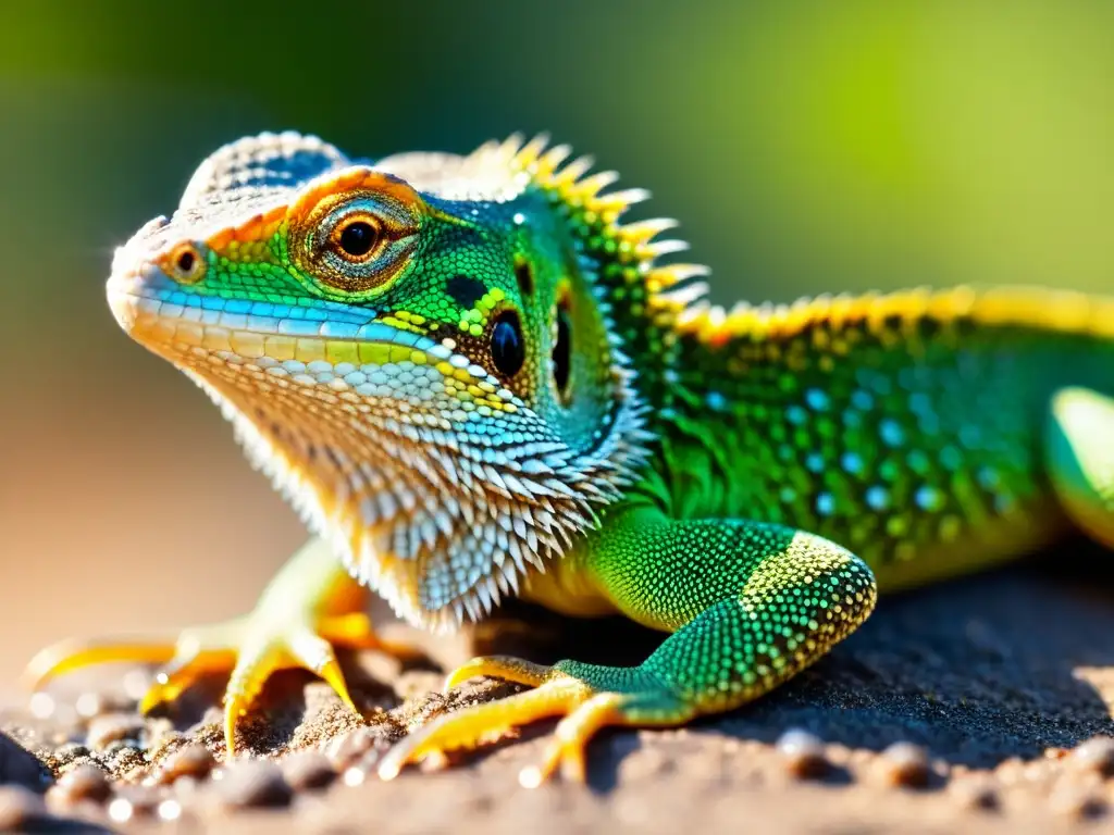 Un lagarto tomando sol, con escamas brillantes y gotas de agua en la piel