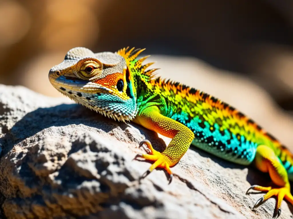 Un lagarto tomando el sol en una roca, con sus ojos cerrados y su cuerpo absorbiendo el calor