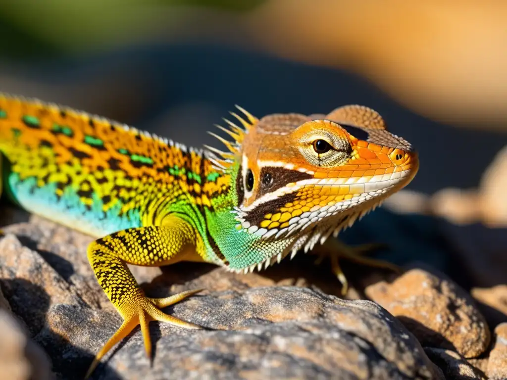 Un lagarto tomando el sol en una roca, mostrando termorregulación en reptiles con patrones y texturas detalladas en sus escamas