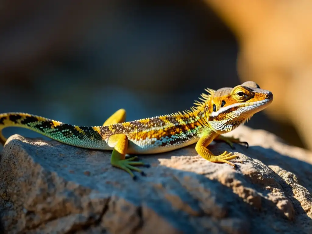 Un lagarto tomando el sol en un terreno rocoso, con escamas relucientes