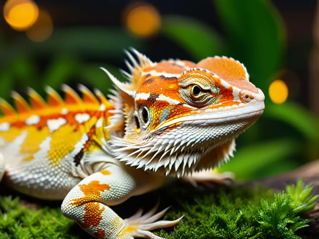 Un lagarto barbudo descansa en su terrario, bañado por una cálida luz dorada