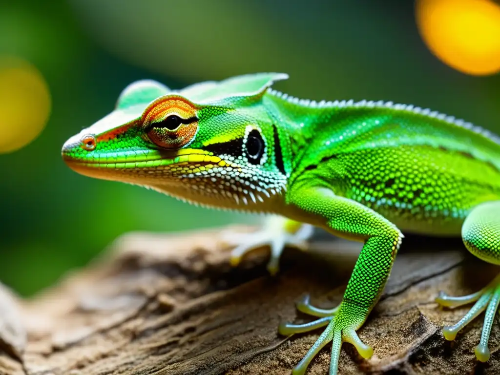 Un lagarto anolis verde descansa en su terrario, disfrutando del cálido resplandor mientras muestra sus escamas detalladas