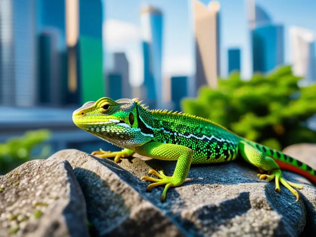 Reptil urbano: Naturaleza vs Un lagarto en hábitat urbano, entre rocas cubiertas de musgo, con rascacielos al fondo, simbolizando el conflicto entre desarrollo urbano y hábitats de reptiles