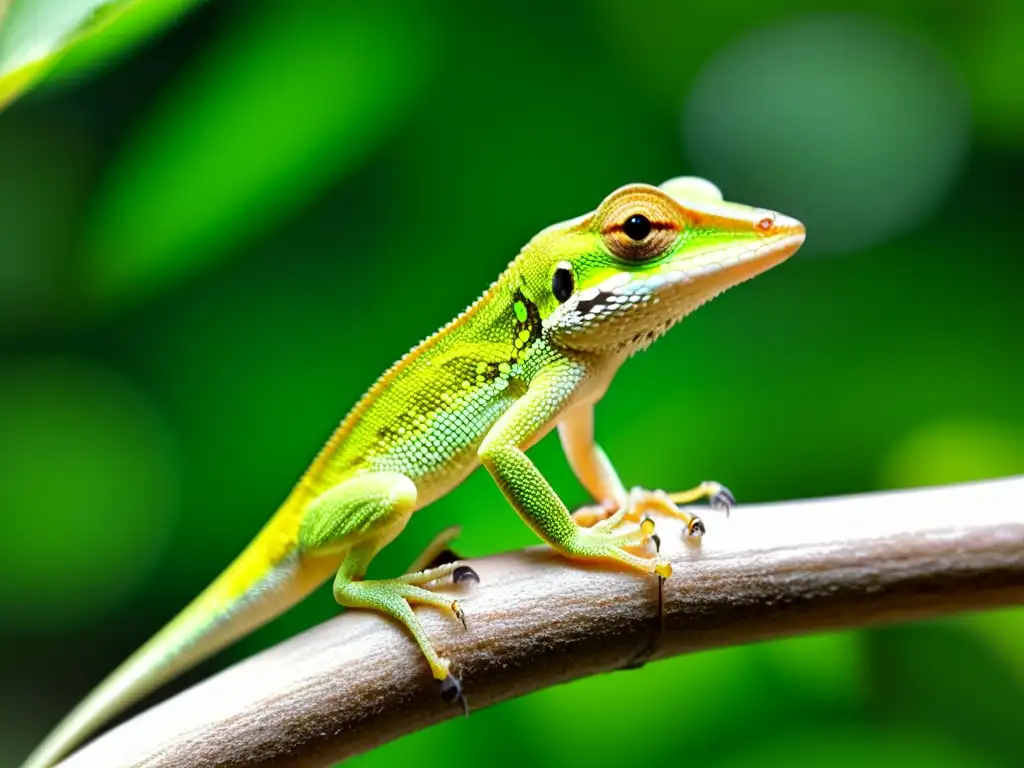 Un lagarto anolis verde detallado en un terrario exuberante