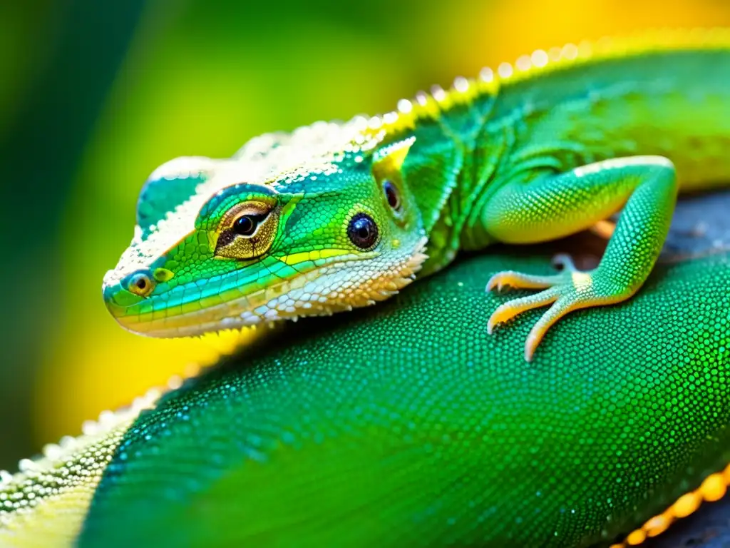 Un lagarto verde en la selva tropical, destaca la importancia de los lagartos en la biodiversidad con sus escamas brillantes y la luz del sol