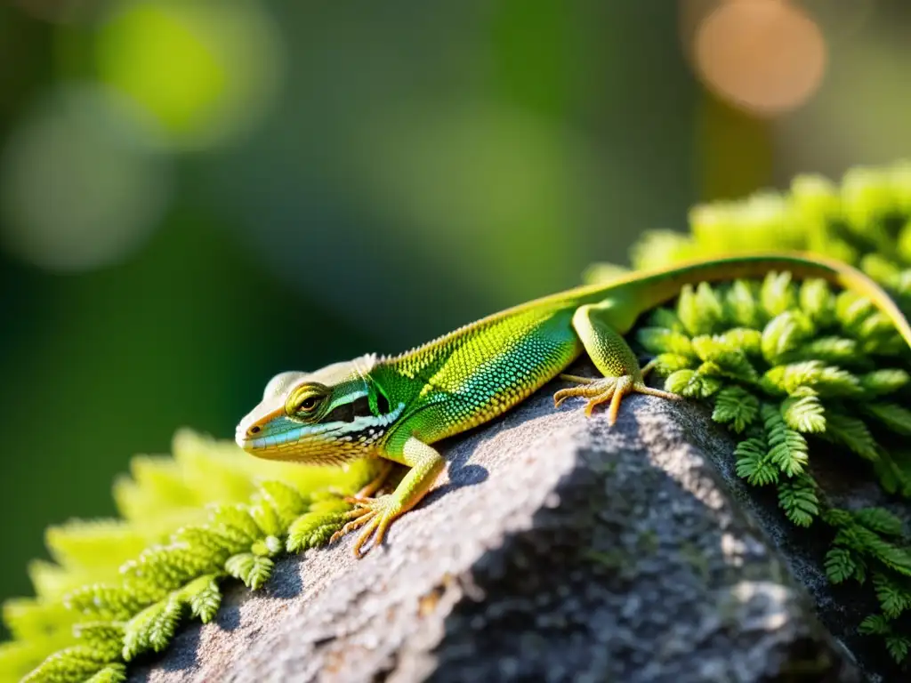 Un lagarto verde vibrante, detallado y curioso en su entorno natural, destaca la importancia de lagartos como indicadores ecológicos