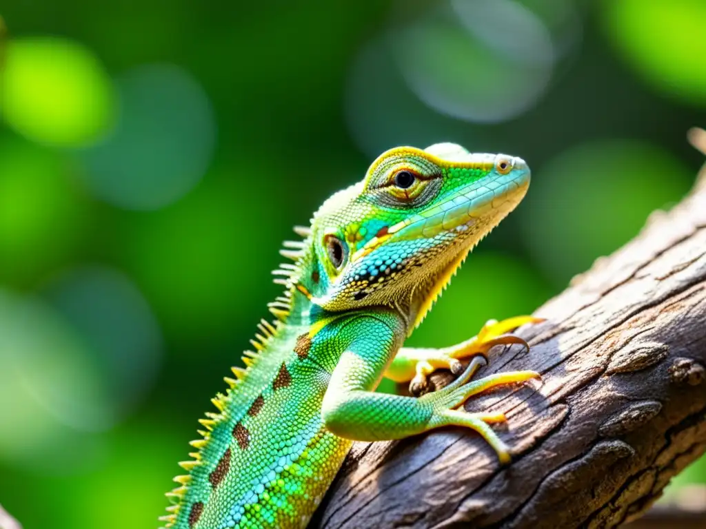 Un lagarto verde vibrante, detallado y en armonía con su ecosistema