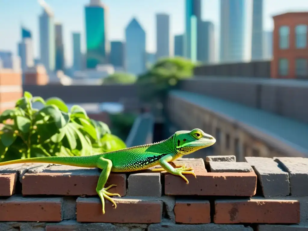 Un lagarto verde vibrante se aferra a un muro de ladrillo en medio de la bulliciosa ciudad, mostrando su adaptación a zonas urbanas