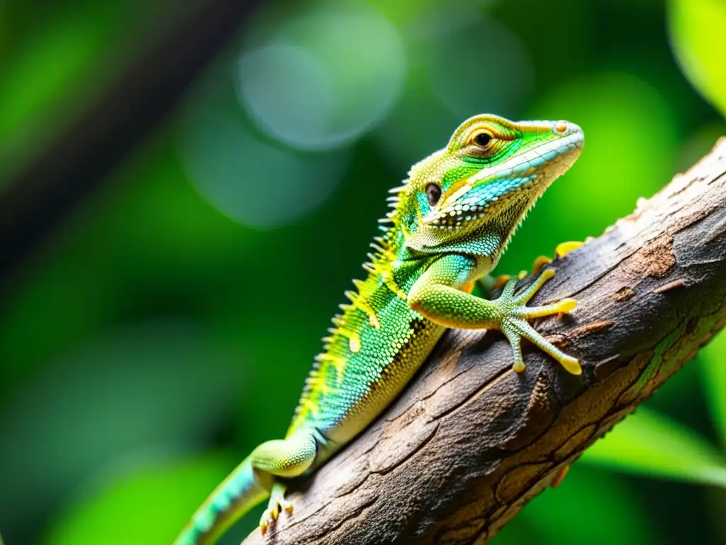 Un lagarto verde vibrante posado en una rama en la selva, con escamas detalladas