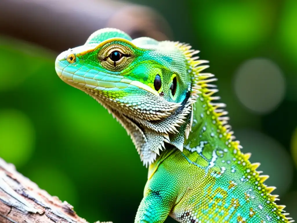 Un lagarto verde vibrante en primer plano, con escamas detalladas y ojos hipnóticos