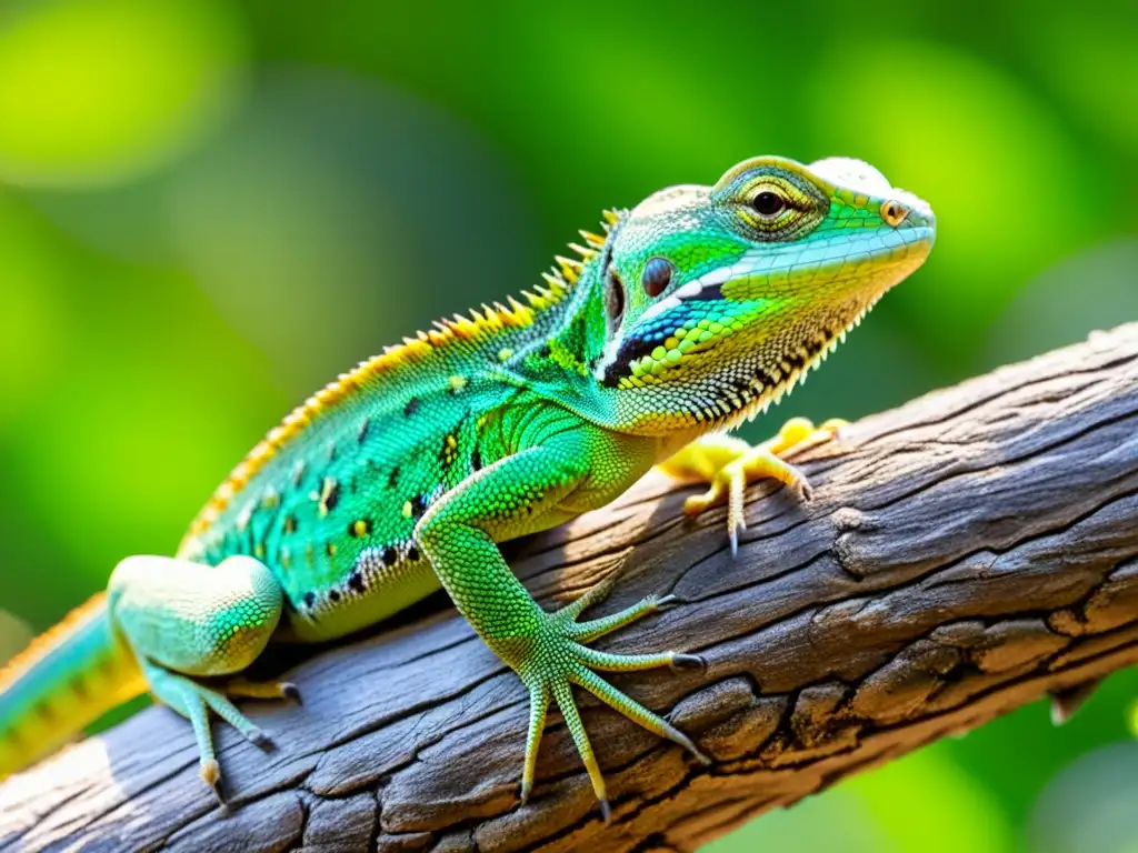 Un lagarto verde vibrante descansa en una rama, mostrando la importancia de lagartos como indicadores ecológicos en su exuberante hábitat natural