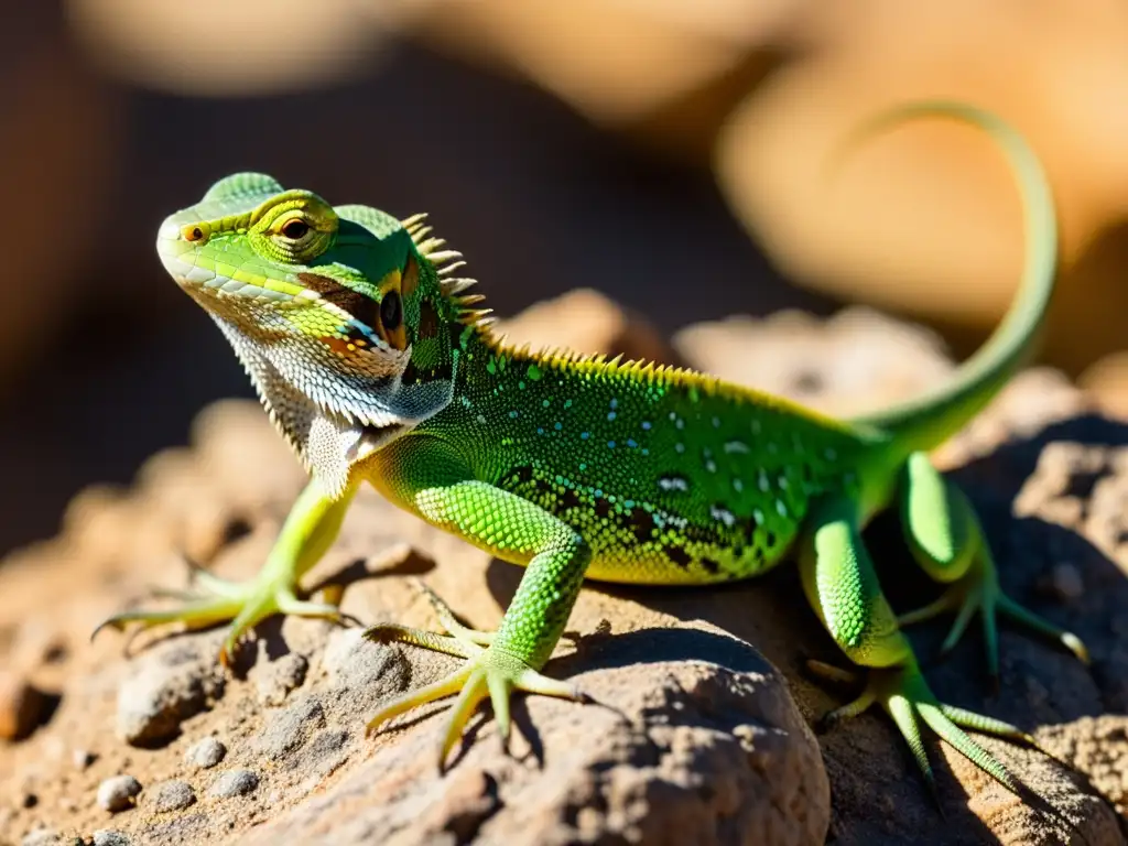 Un lagarto verde vibrante descansando en una roca al sol en su hábitat desértico, destacando su adaptación al entorno