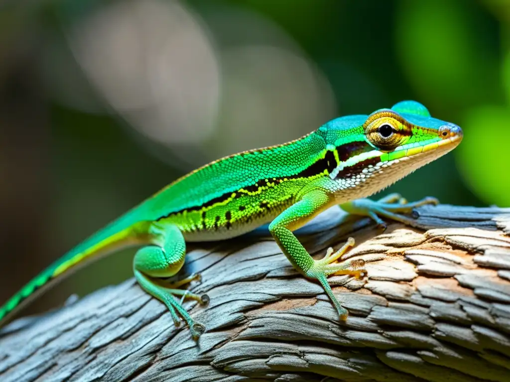 Un lagarto Anolis verde vibrante se aferra a una rama delgada en la densa selva