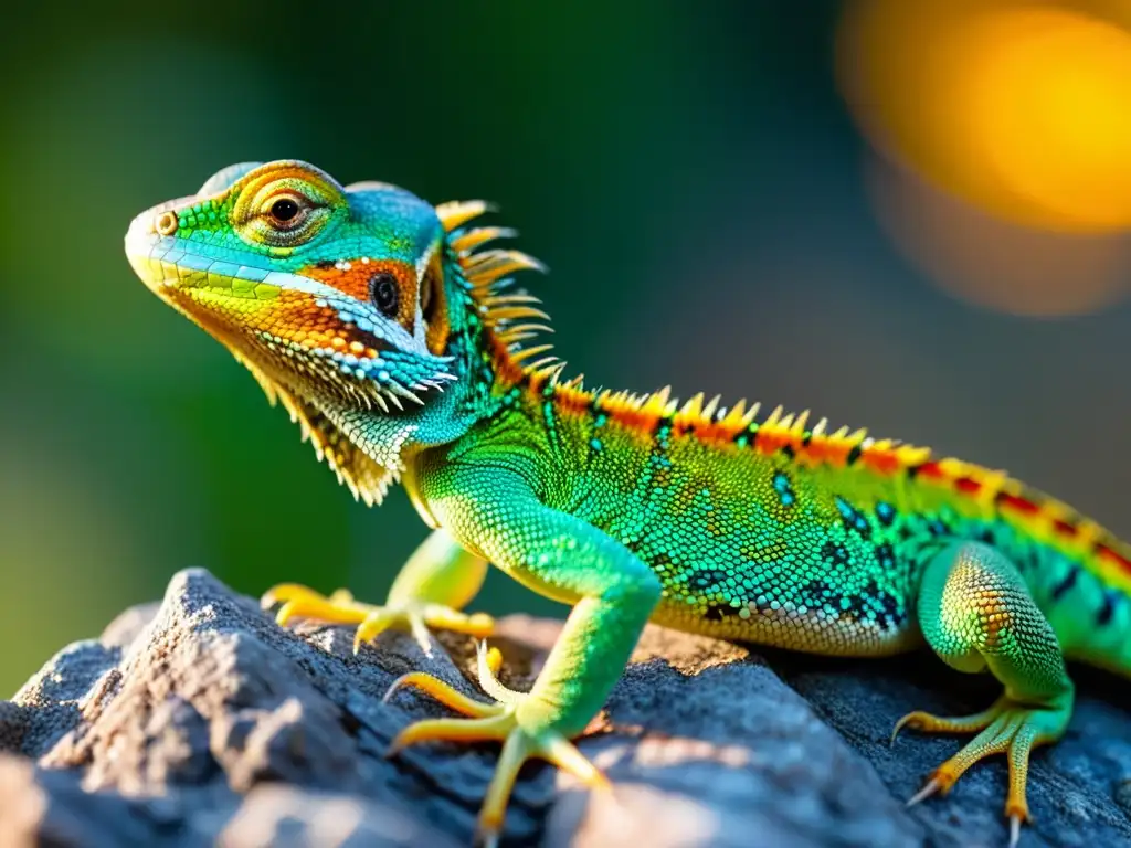 Un lagarto macho muestra vibrantes colores iridiscentes en su dewlap en una demostración territorial