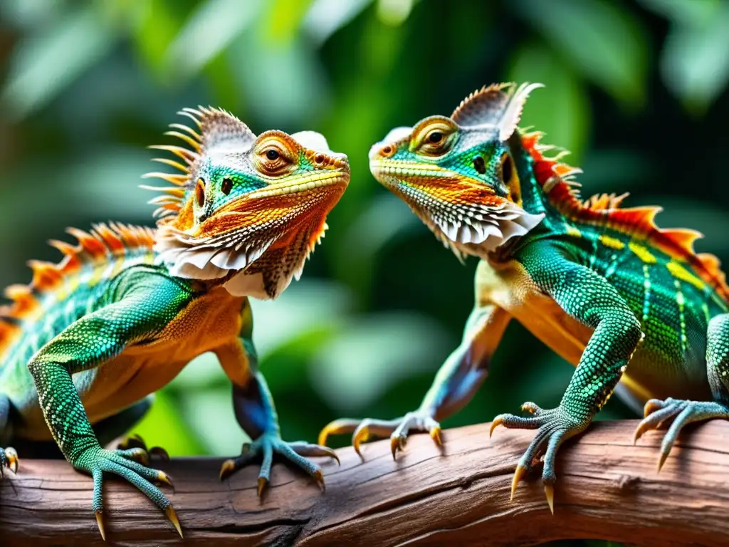 Dos lagartos macho exhiben tácticas de apareamiento en una dramática disputa territorial, con sus brillantes colores y patrones en plena exhibición