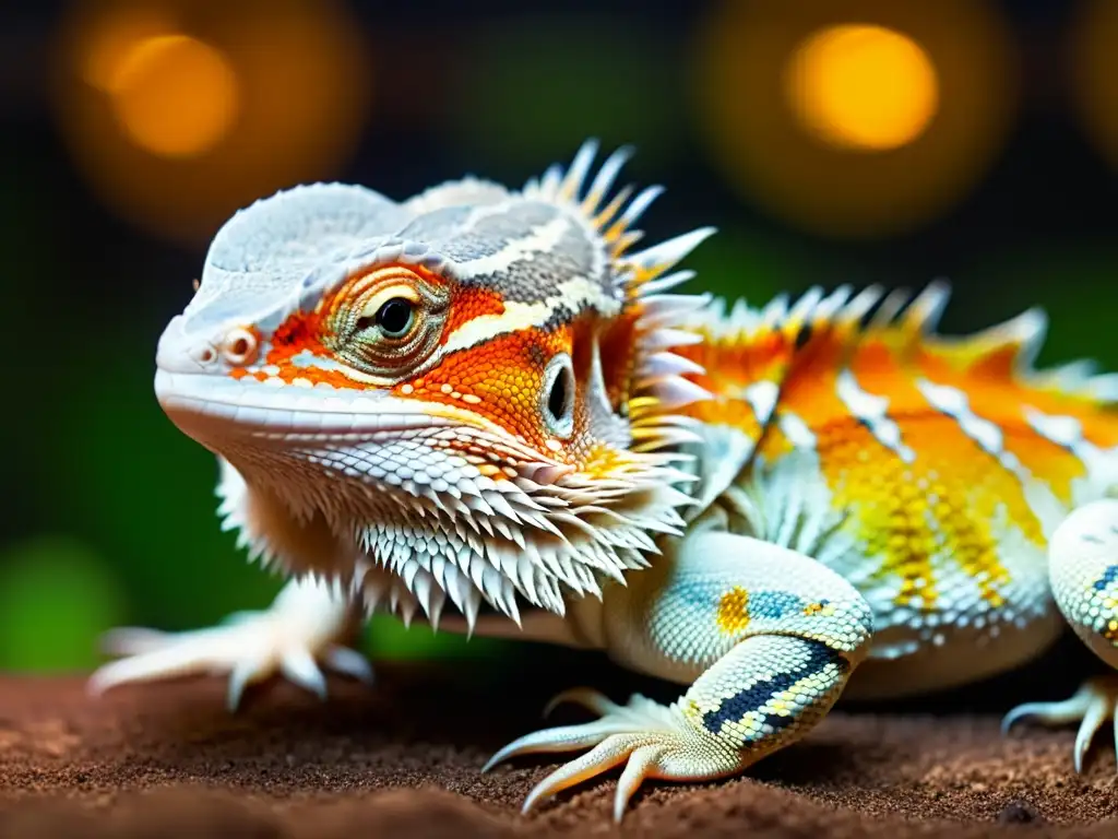 Un dragón barbudo descansa bajo su lámpara de calor en un terrario