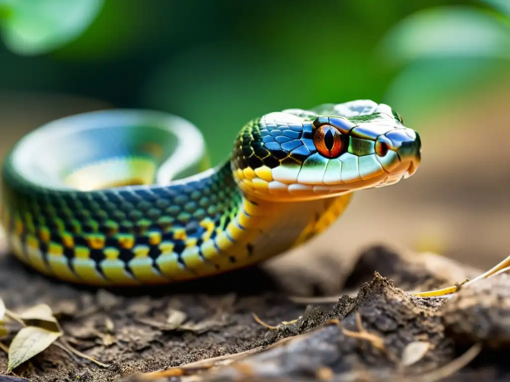 Serpiente usando su lengua para explorar su entorno, mostrando sus sistemas sensoriales en reptiles en su hábitat natural