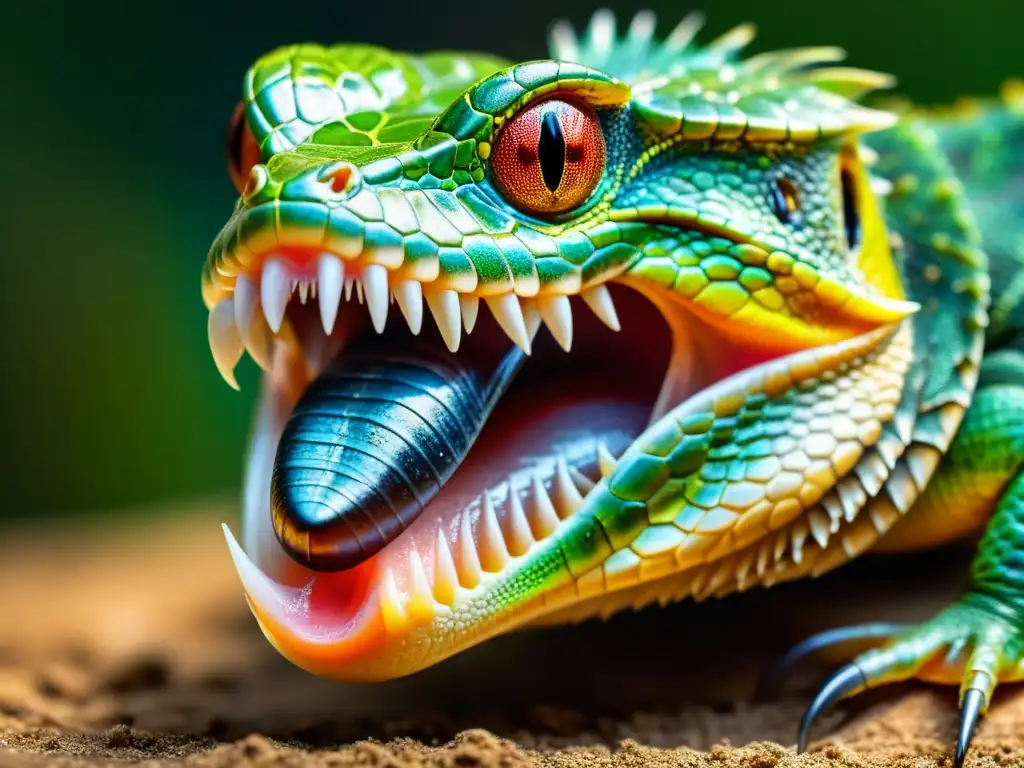 Una lengua de reptil capturando un insecto, resaltando la textura y movimiento detallado, con escamas e iridiscencia