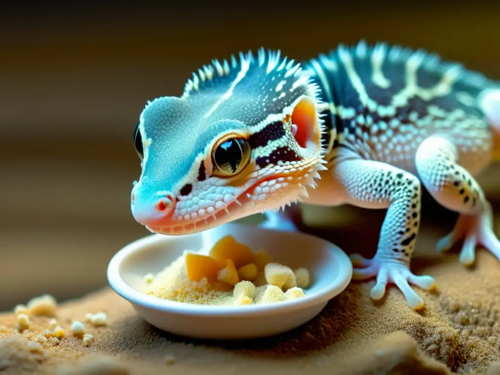 Gecko leopard: Consumo de calcio en detalle Un gecko leopardo consumiendo calcio en polvo de su platillo