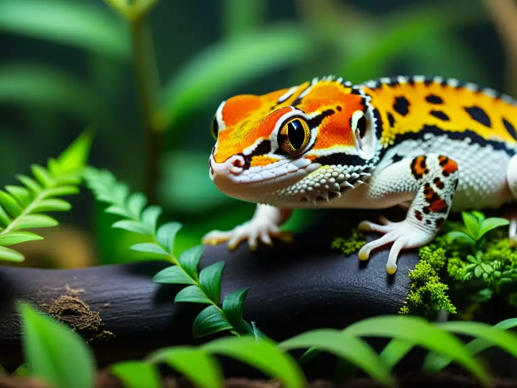 Un leopardo explorando su enriquecimiento en un terrario diverso y detallado, con plantas, escondites y estructuras de escalada