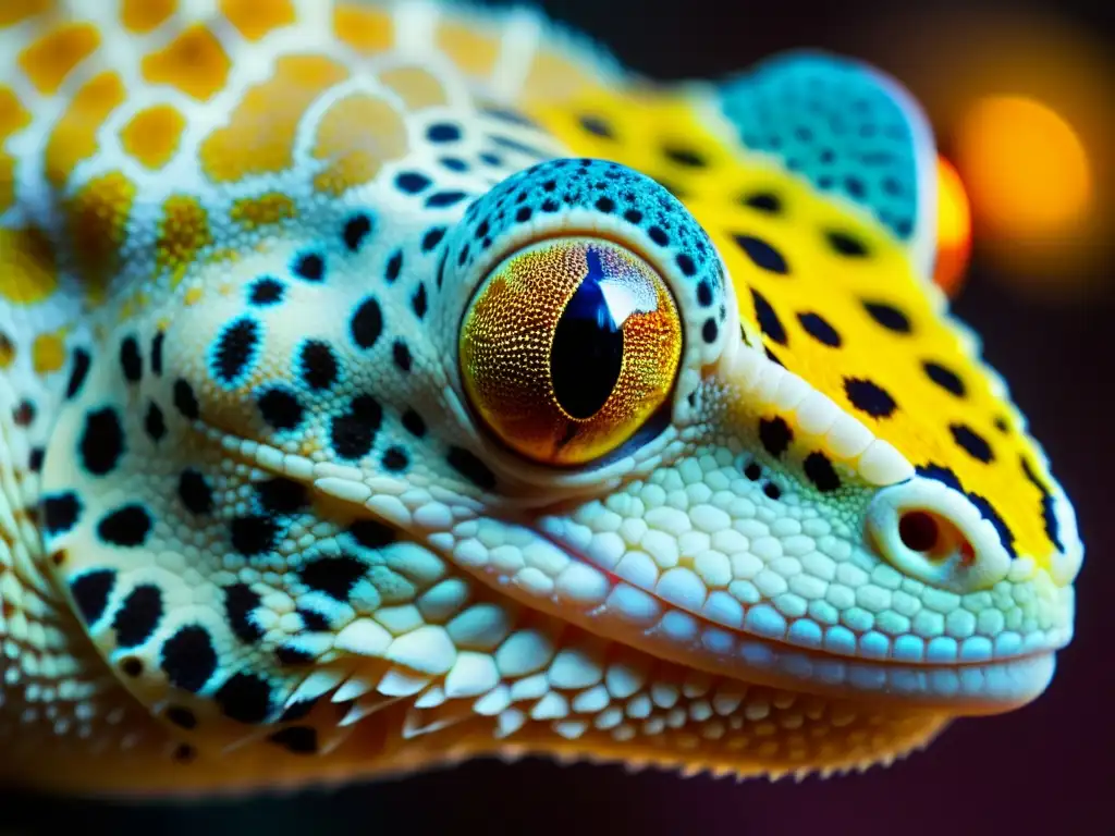 Un leopardo gecko descansando bajo una lámpara de calor, resaltando sus vibrantes patrones de piel y ojos