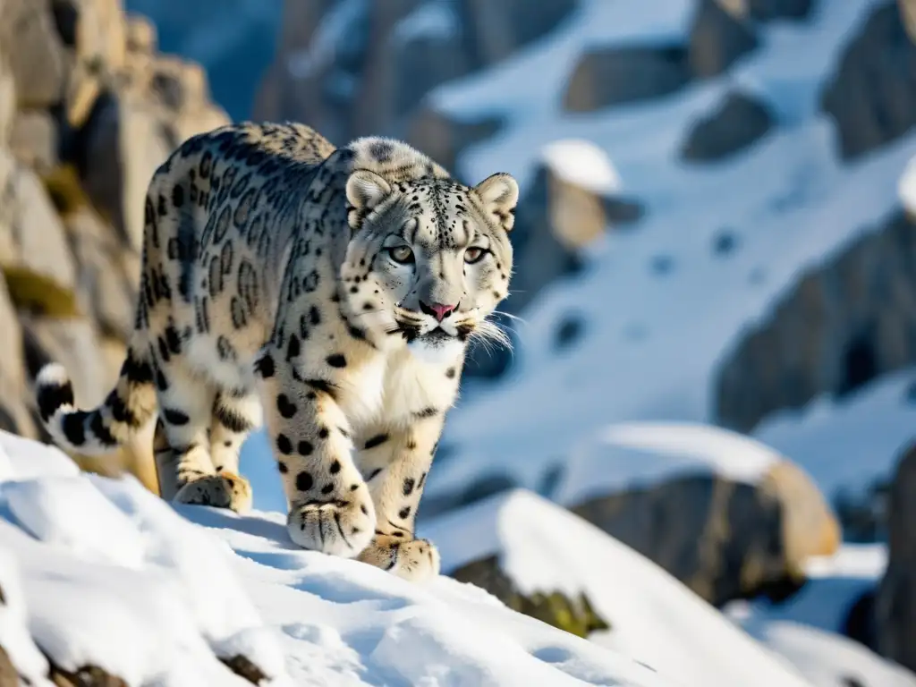 Un leopardo de las nieves se desliza sigilosamente entre las montañas nevadas, mostrando su adaptación a altitudes extremas